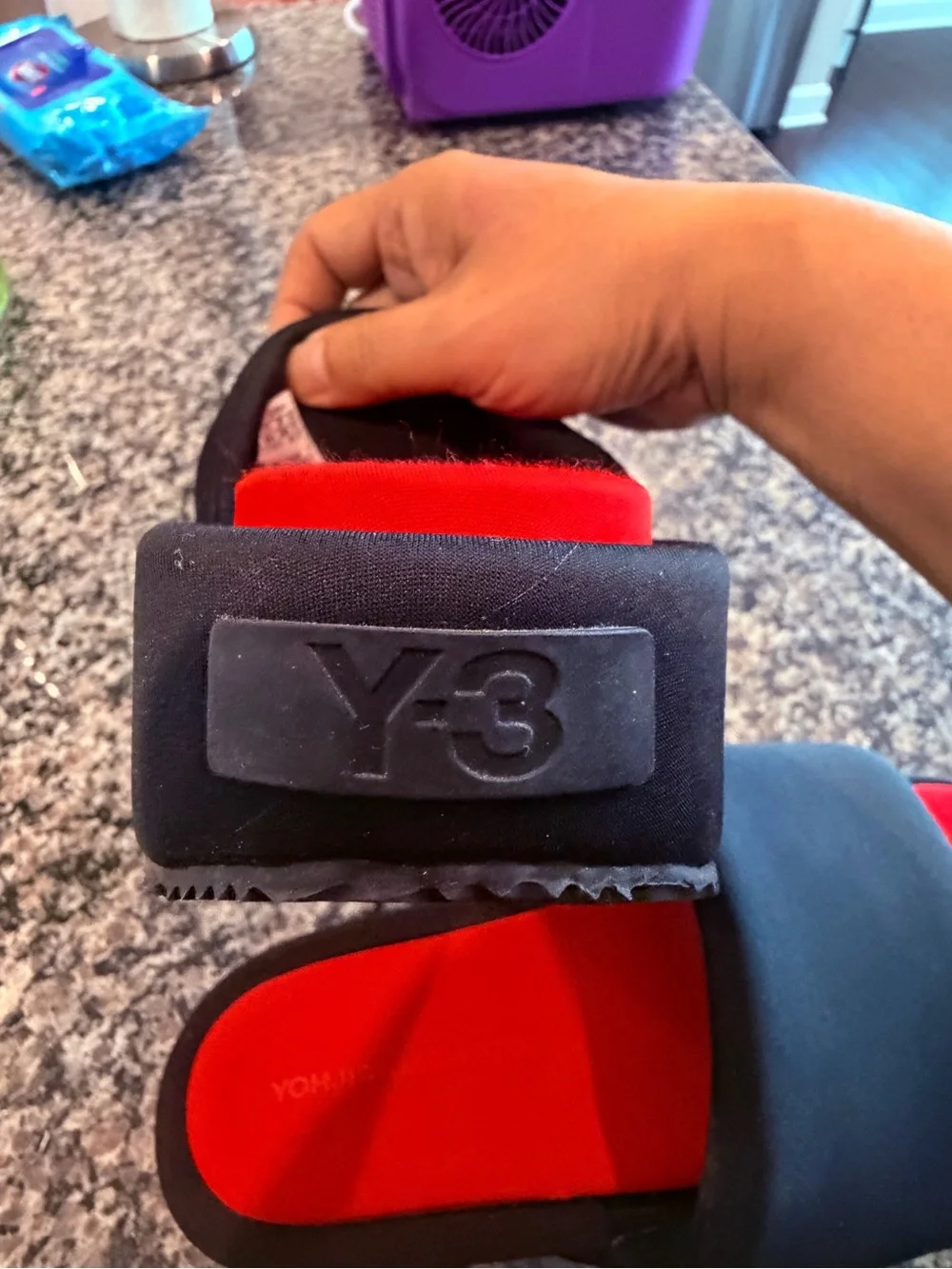 Y-3 Black and Red Slide Sandals